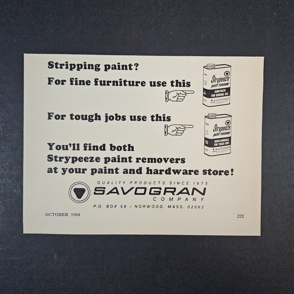 1964 Savogran Company Strypeeze Paint Stripper Vintage Print Ad Norwood MA Shop